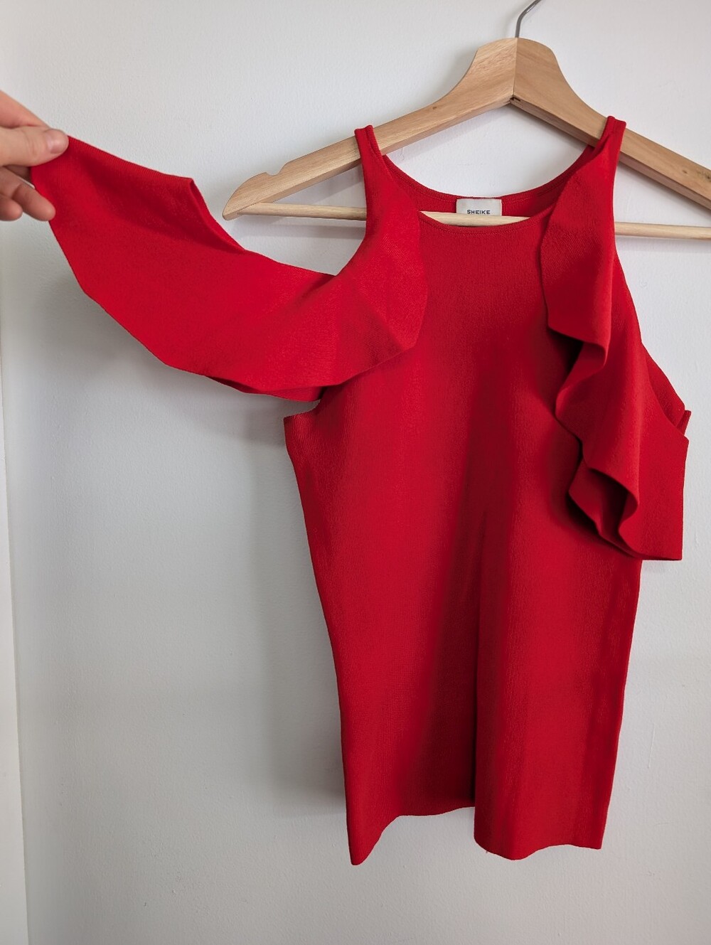 Sheike Small Red Top Flowy Cold Shoulder Ruffle Cap Sleeves Fitted Formal Shirt